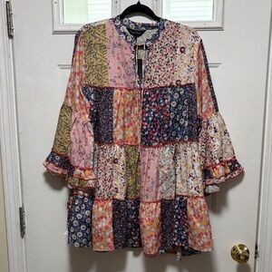 Young Threads Patchwork Floral Tiered Blouse - Pink Multi